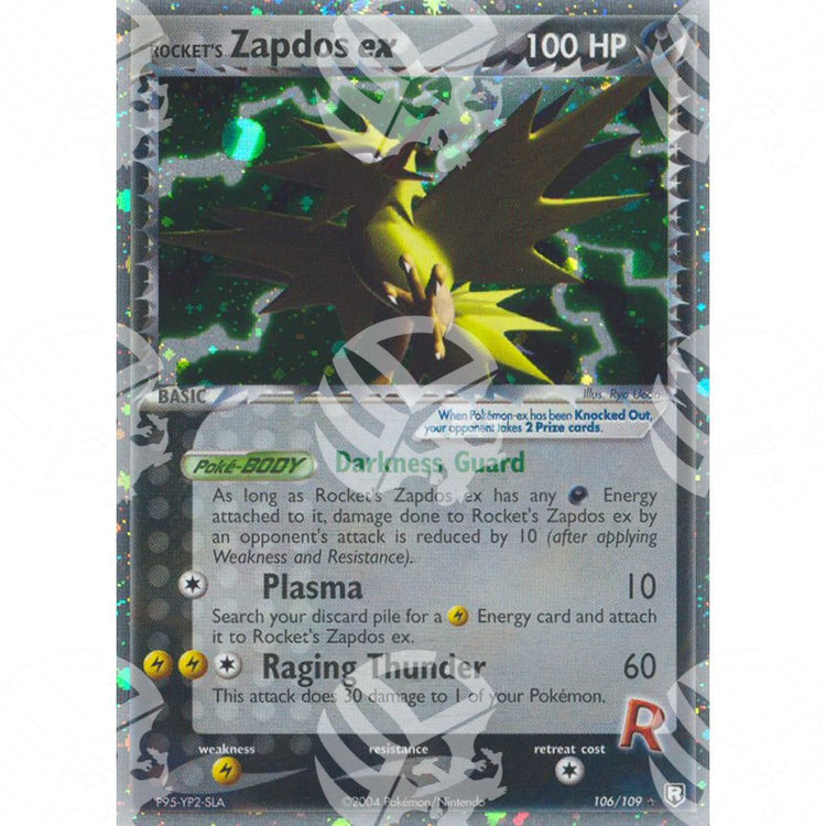 EX Team Rocket Returns - Rocket's Zapdos ex - Holo Rare 106/109 - Warcard - EX Team Rocket Returns - Rocket's Zapdos ex - Holo Rare 106/109 i prezzi più bassi sul mercato, solo da www.warcardshop.com! Carte singole, box, buste e mazzi.