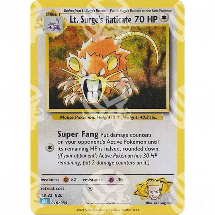 Classic: Blastoise & Suicune - Lt. Surge's Raticate - 016/034 - Warcard